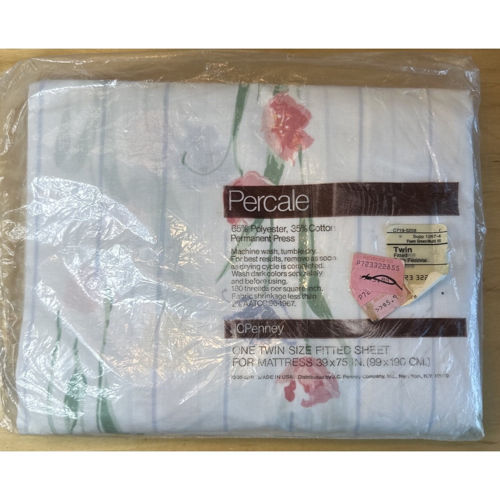 Vintage Percale Tulip Festival‎ Twin Fitted Sheet JCPenney Floral Grandma Core